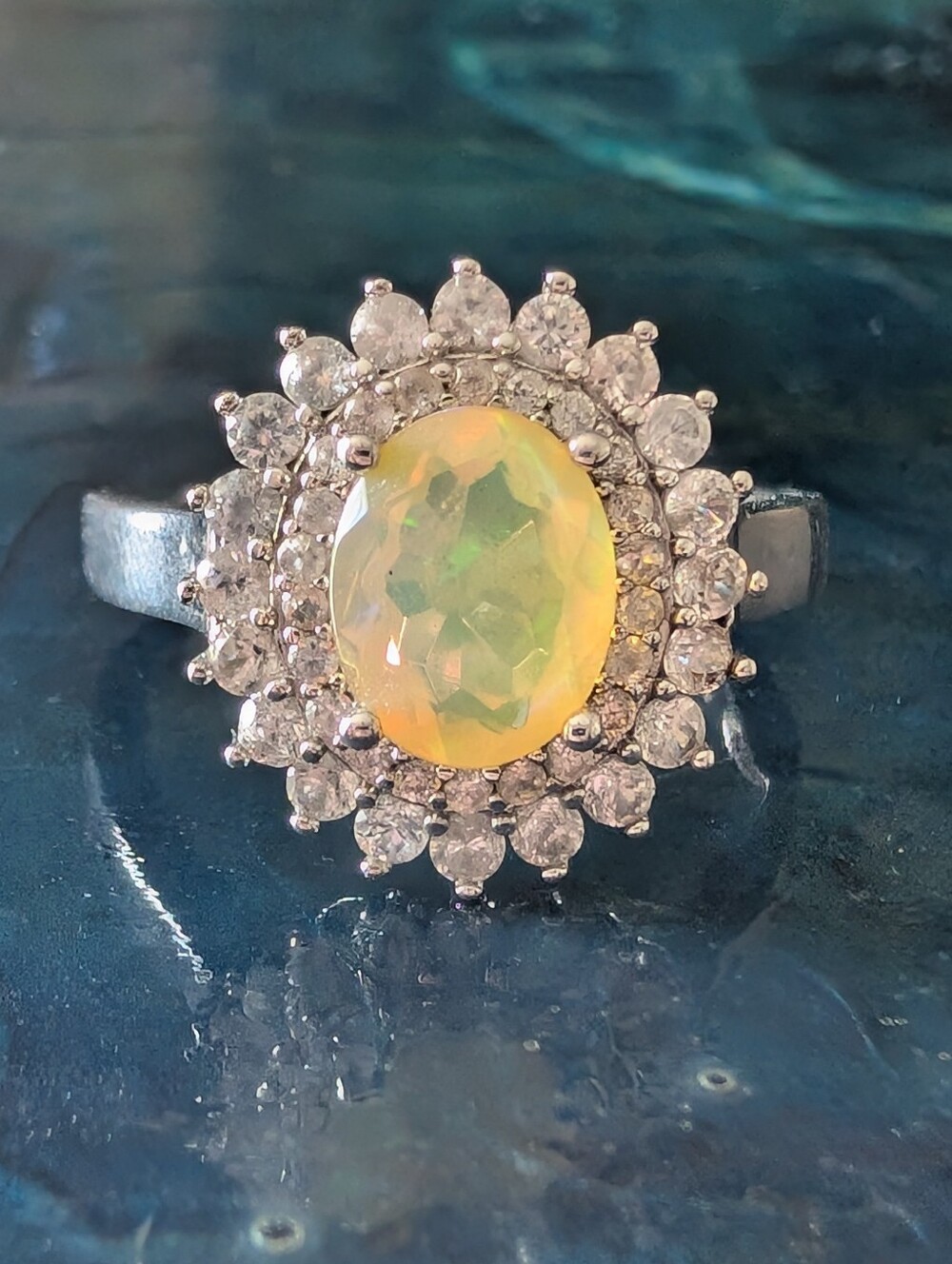Amazing Color Play Ethiopian Opal Halo Cocktail Ring Solid Sterling Silver
